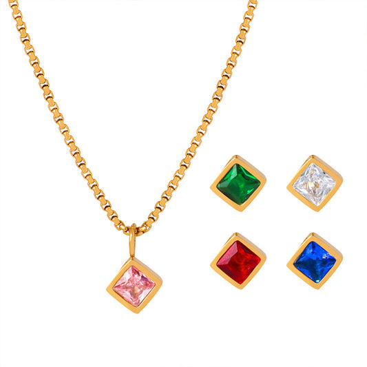 Retro Square Zircon Pendant Necklace with Titanium Steel Gemstones