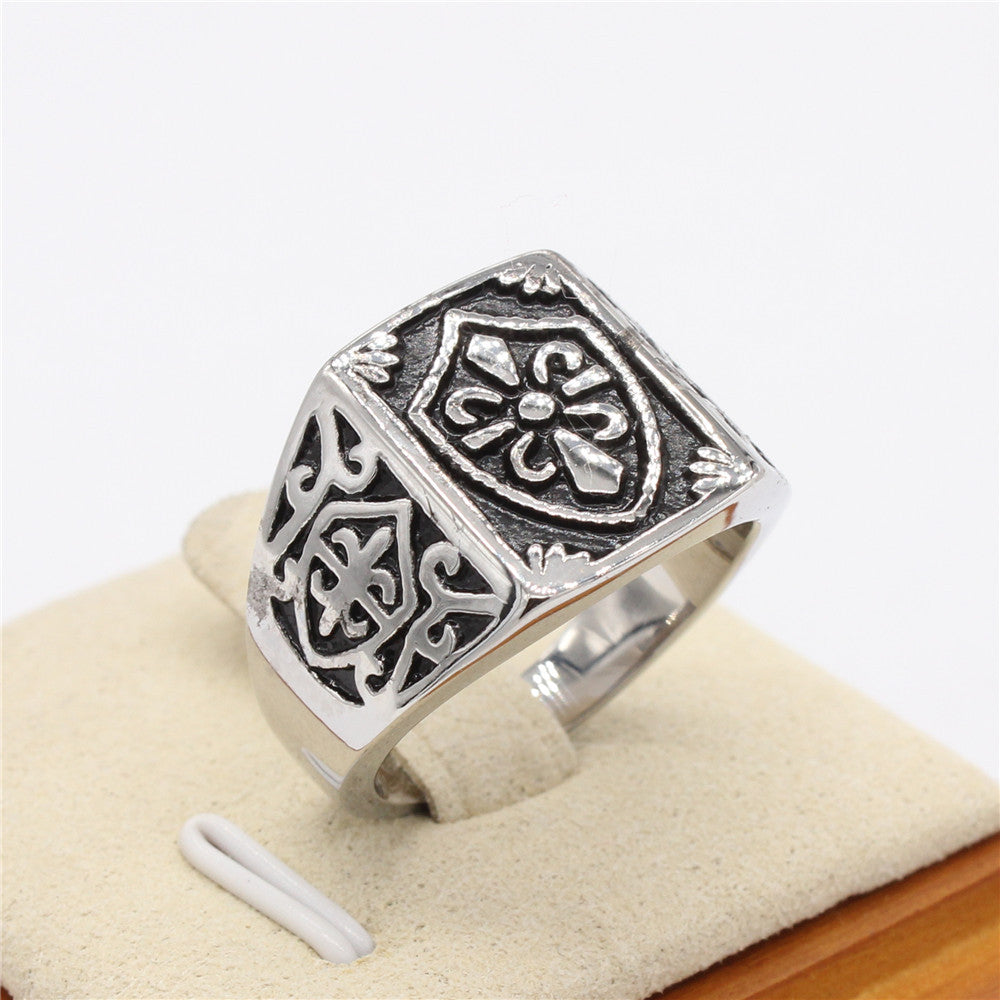 Childern Flower Shield Pattern Rectangle Titanium Steel Ring for Men