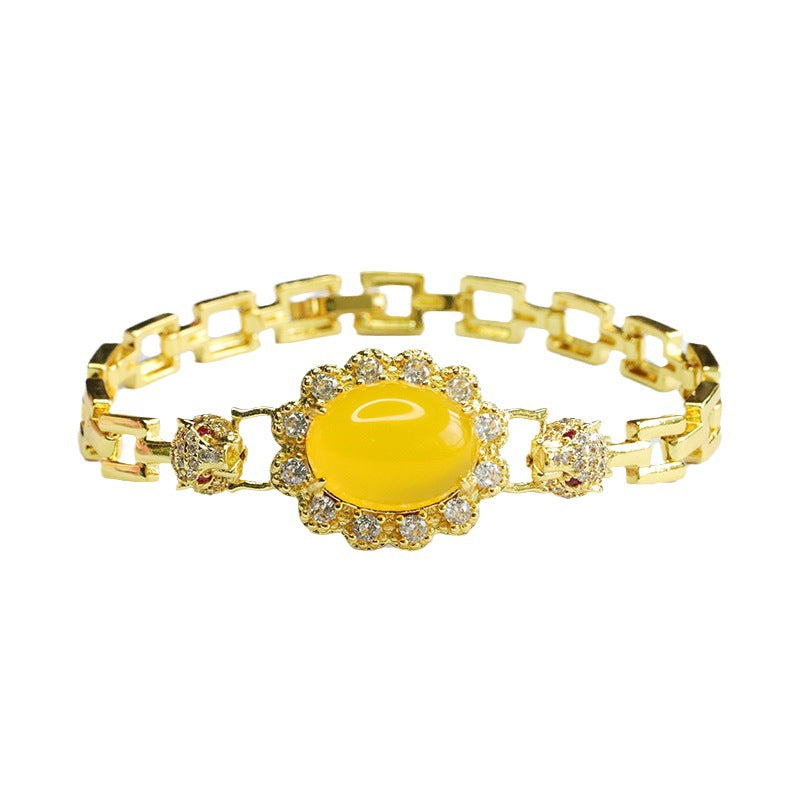 Leopard Head Yellow Chalcedony Bracelet in Sterling Silver