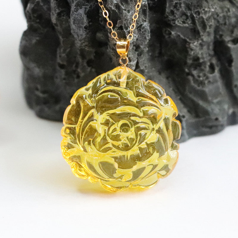 Golden Amber Peony Bloom and Prosperity Charm Necklace