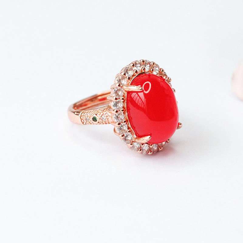 Pigeon Blood Red Agate Sterling Silver Ring with Zircon Halo