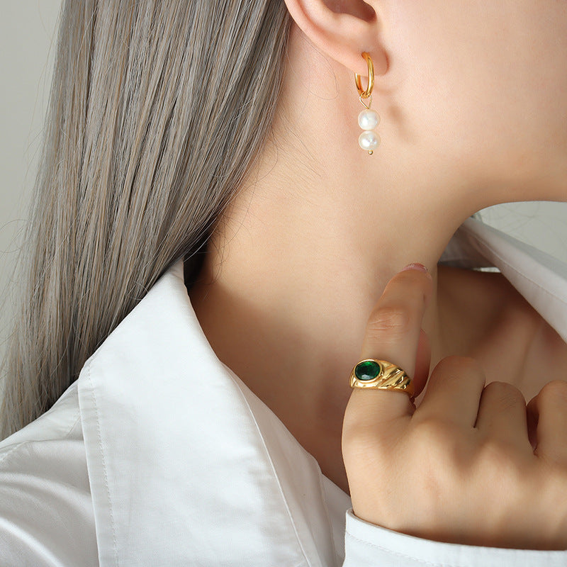 Elegant Geometric Freshwater Pearl Earrings with Gold-Plated Ring