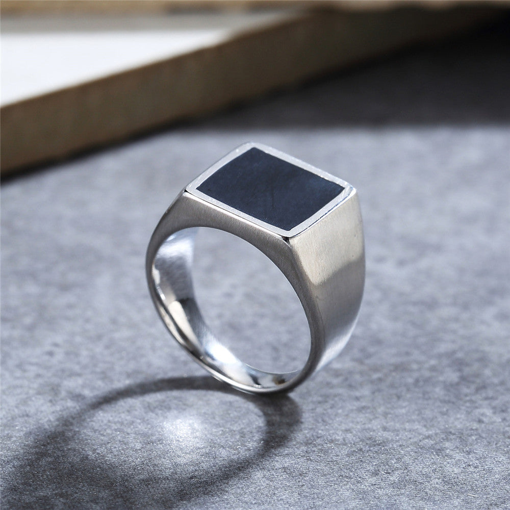 Fashionable European and American Square Black Titanium Steel Men's Ring