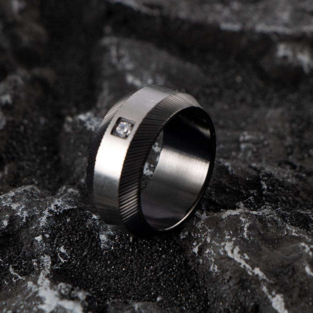 Simple Cross-Border Supply: Black Sand Surface Zircon Men's Stainless Steel Ring with Floral Design