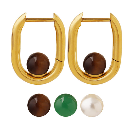 Neutral Wind Tri-Color Agate Tiger's Eye Stone U-Shaped Earrings - Gold-Plated and Non-Fading