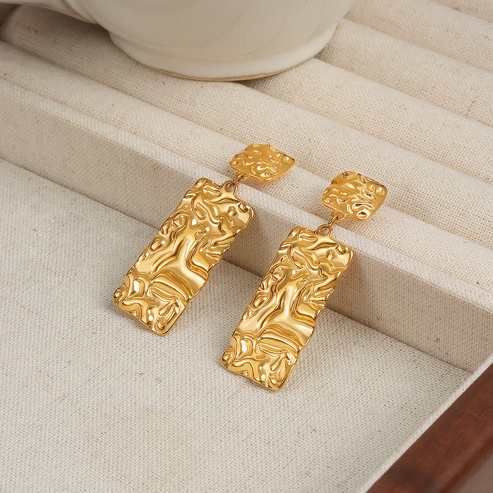 European Retro Design Gold-Plated Square Pleated Earrings for Women