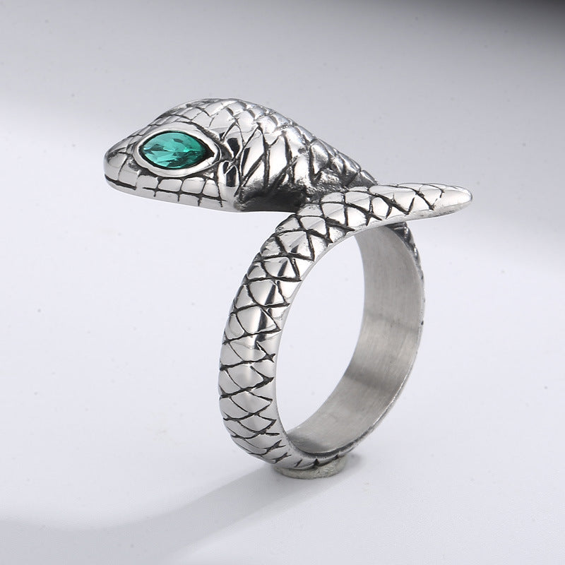 Niche Design Stainless Steel Snake Ring with Creative Green Eye for Trendy Men