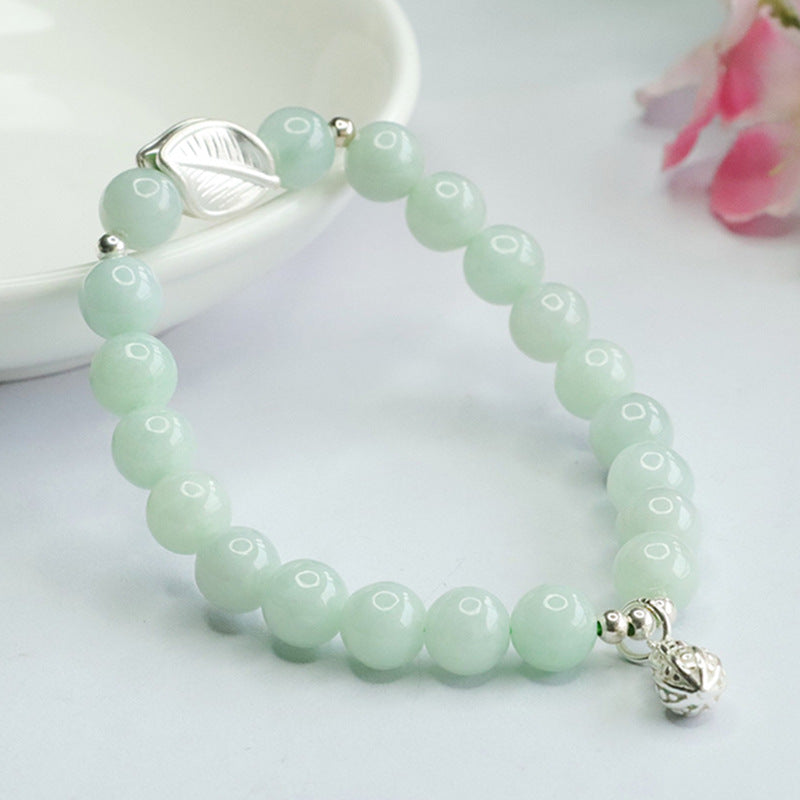 Fortune's Favor Sterling Silver Jade Bracelet with Peanut Leaf Design