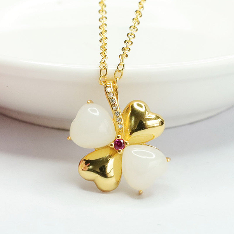 White Jade Love Clover Necklace crafted from Sterling Silver and Jade