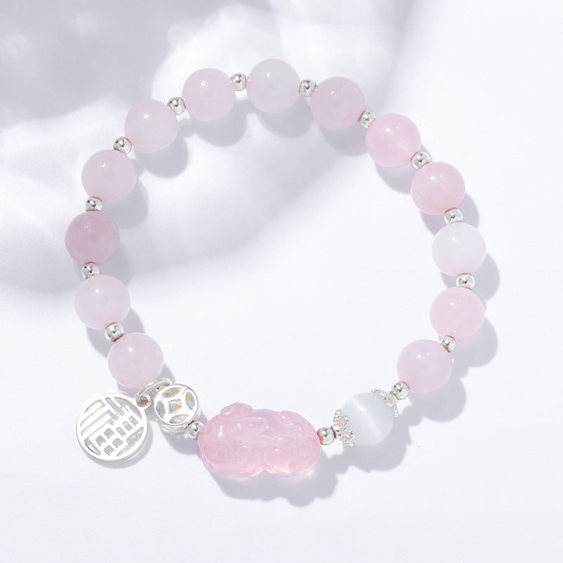 Fortune's Favor Pink Quartz Pixiu Crystal Bracelet - Sterling Silver Stacking Beaded Bracelet