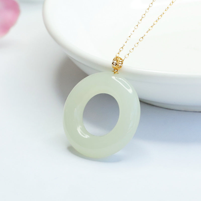 Hollow Circle White Jade Necklace with Sterling Silver Pendant