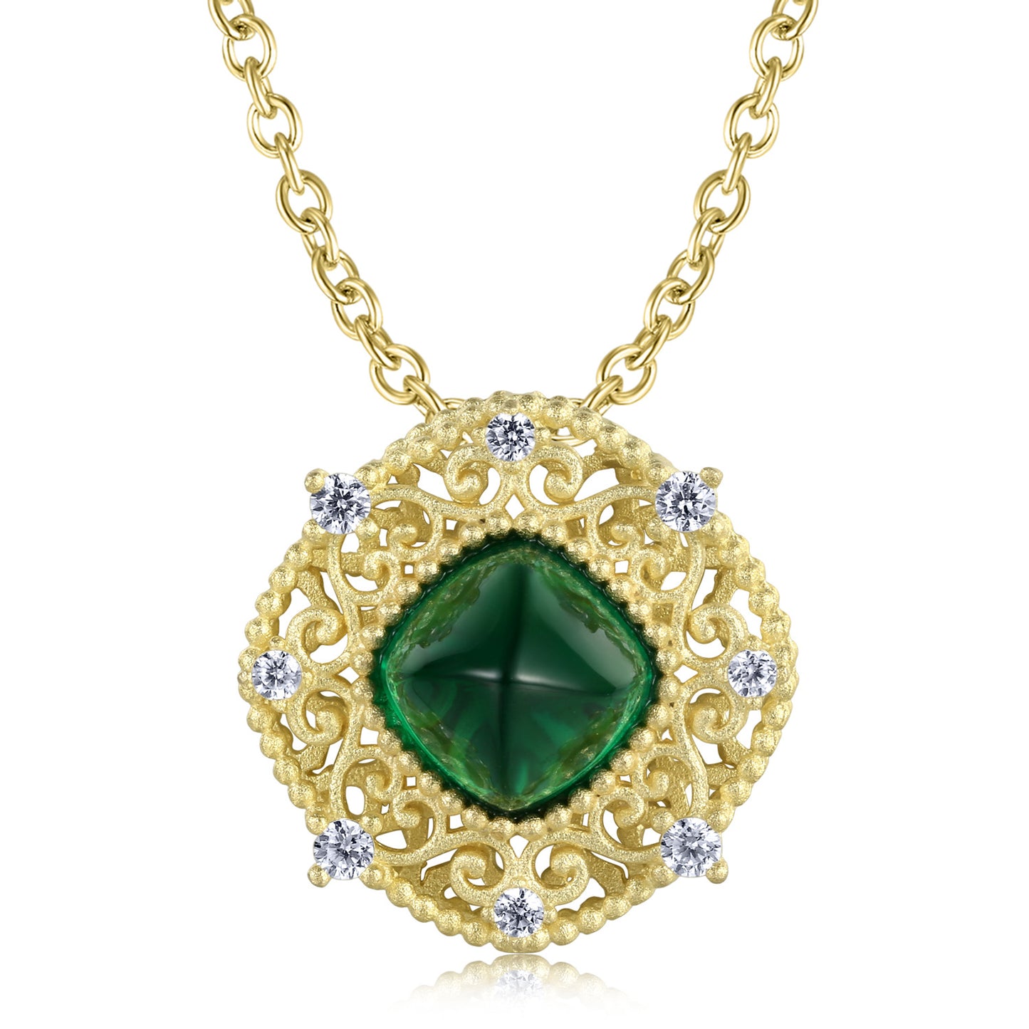 Luxury Hollow Pattern Square Pendant Green Zircon Silver Necklace