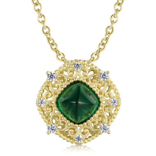 Luxury Hollow Pattern Square Pendant Green Zircon Silver Necklace