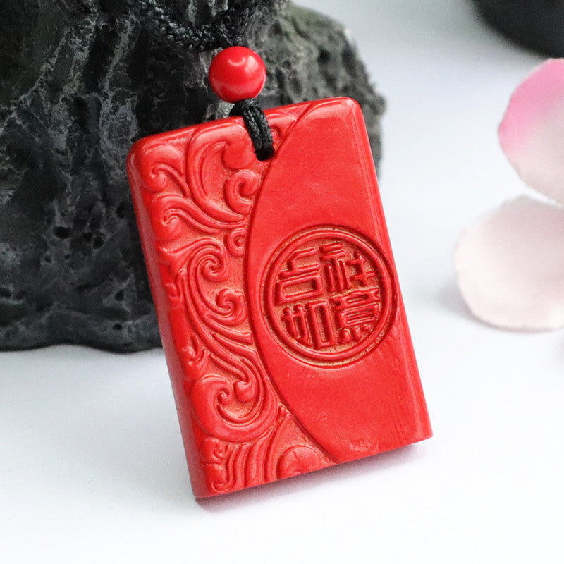 Fortune's Favor Sterling Silver Cinnabar Stone Pendant with Auspicious Ruyi Motif