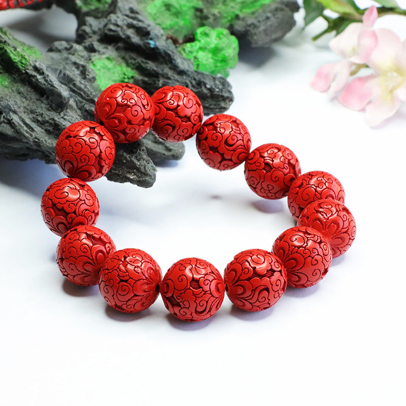 Red Sand Auspicious Clouds Sterling Silver Bracelet with Cinnabar Stone