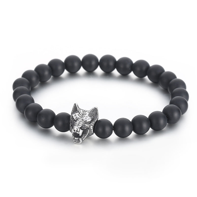 New foreign trade turquoise combination bracelet, personalized matte black agate wolf head stainless steel trendy men's beaded bracelet for men