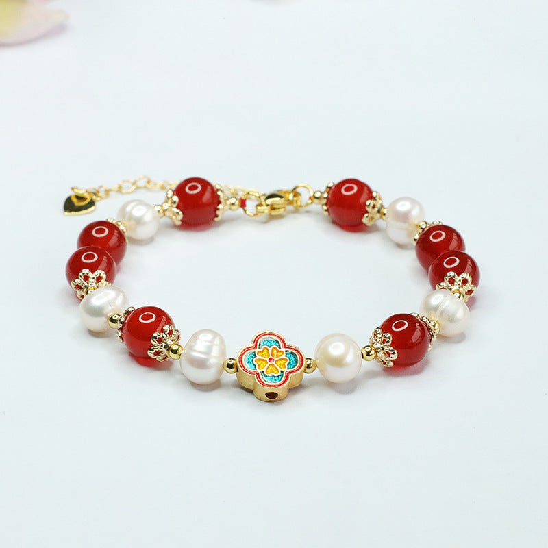 Fortune's Favor Sterling Silver Bracelet with Red Agate and Freshwater Pearl Clover Design