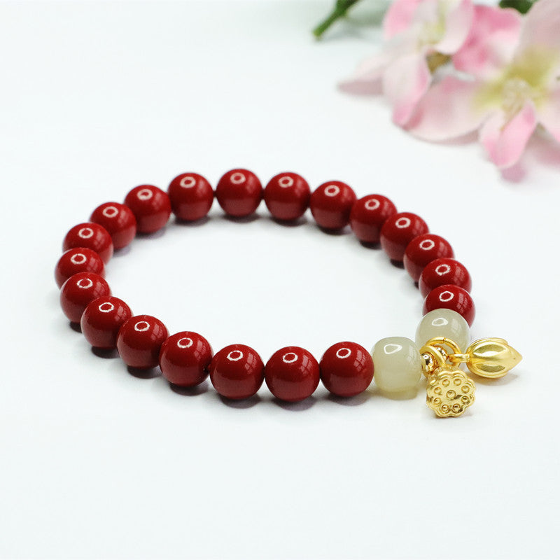 Fortune's Favor Sterling Silver Bracelet with Cinnabar Stone and Hetian Jade