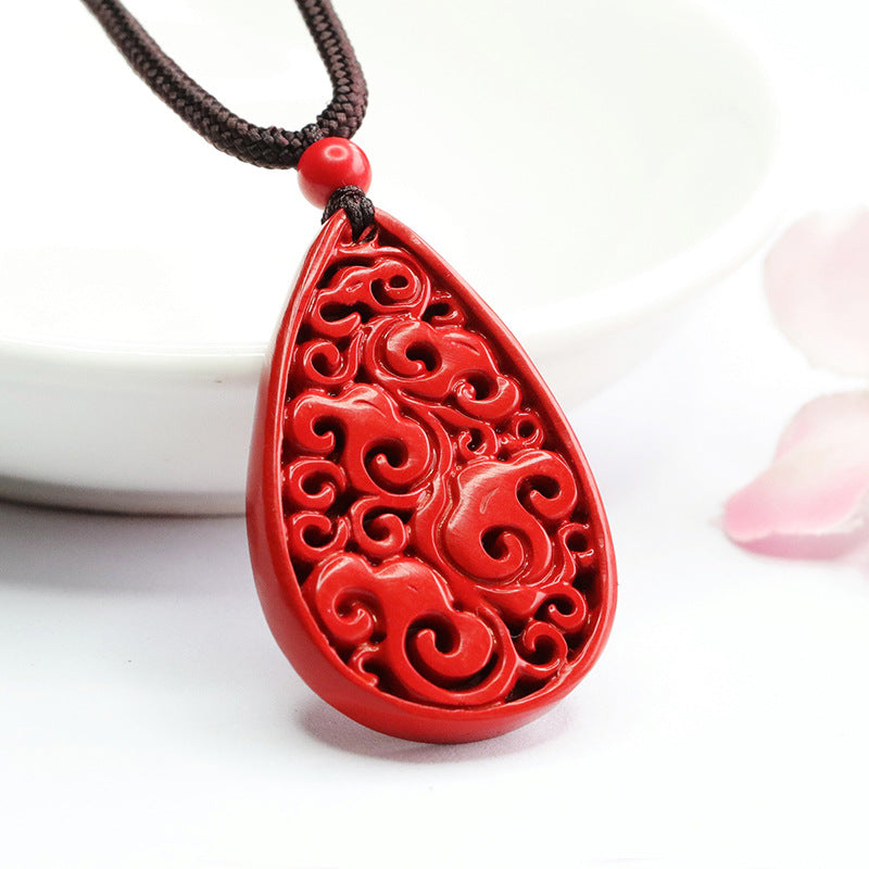 Red Sand Carving Sterling Silver Cinnabar Pendant with Auspicious Cloud and Water Drop