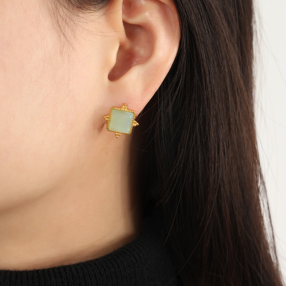 Luxurious Titanium Gold-Plated Geometric Earrings with Natural Stone Insets