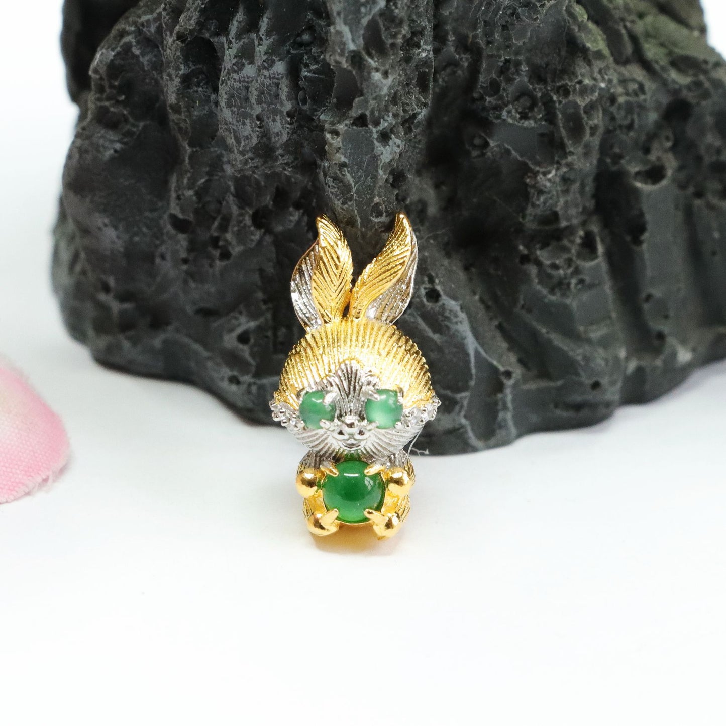 Jade Beaded Two Tone Rabbit Necklace with Sterling Silver