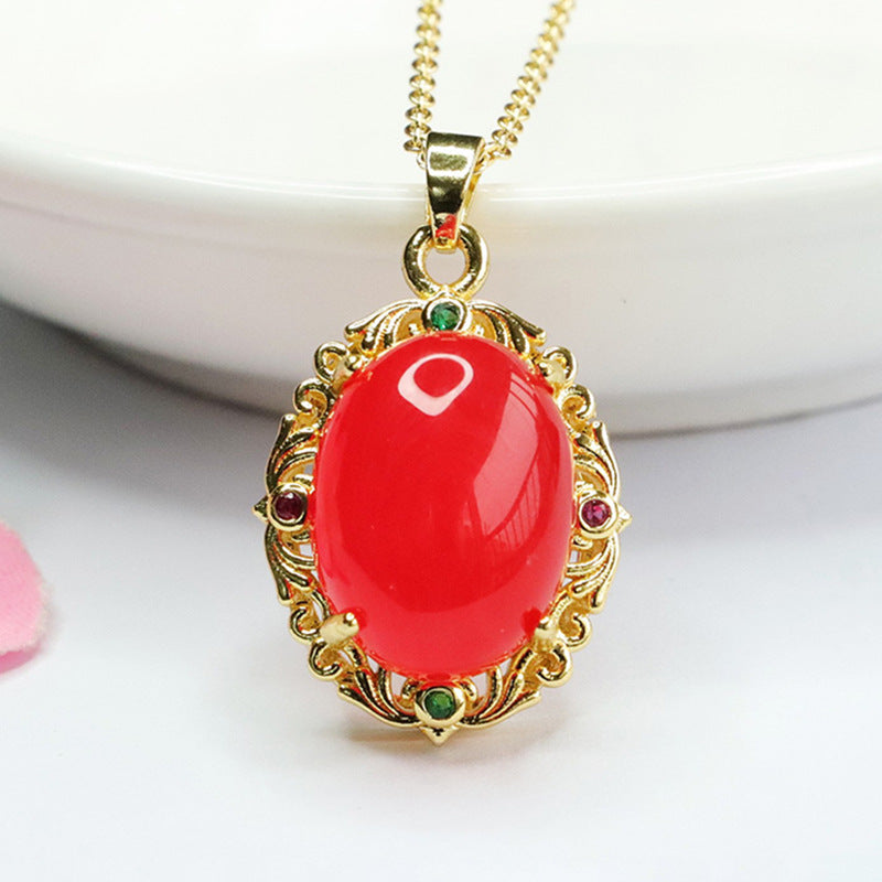 Ethnic Style Oval Golden Pendant with Green Chalcedony and Red Agate Edging