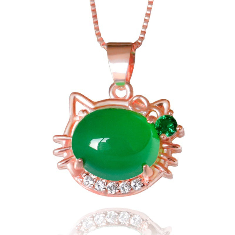 Green Chalcedony Zircon Rose Gold Cat Pendant with Ice Accents