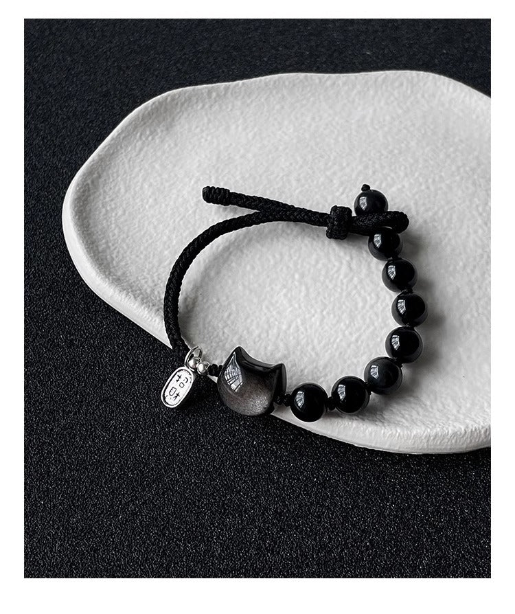 Luxury Obsidian Bracelet with Sterling Silver Lion Dance Design