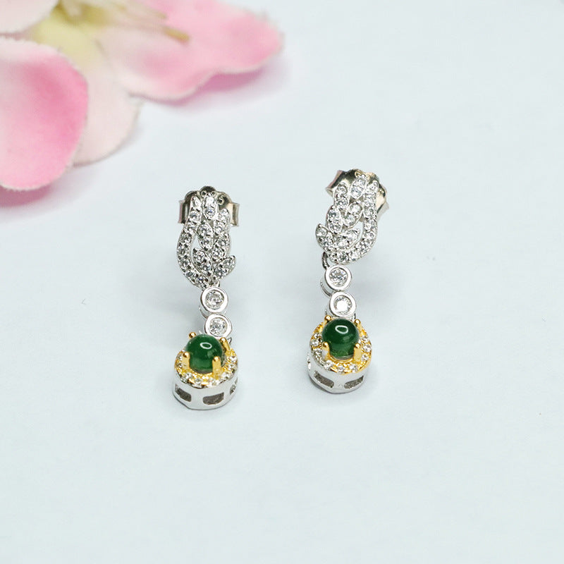 Feather Tassel Earrings with Ice Emperor Green Jade