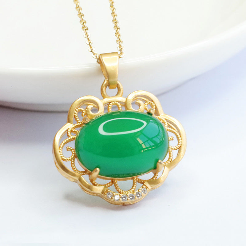 Ethnic Style Jewelry Oval Emperor Green Chalcedony Hollow Ruyi Pendant Necklace