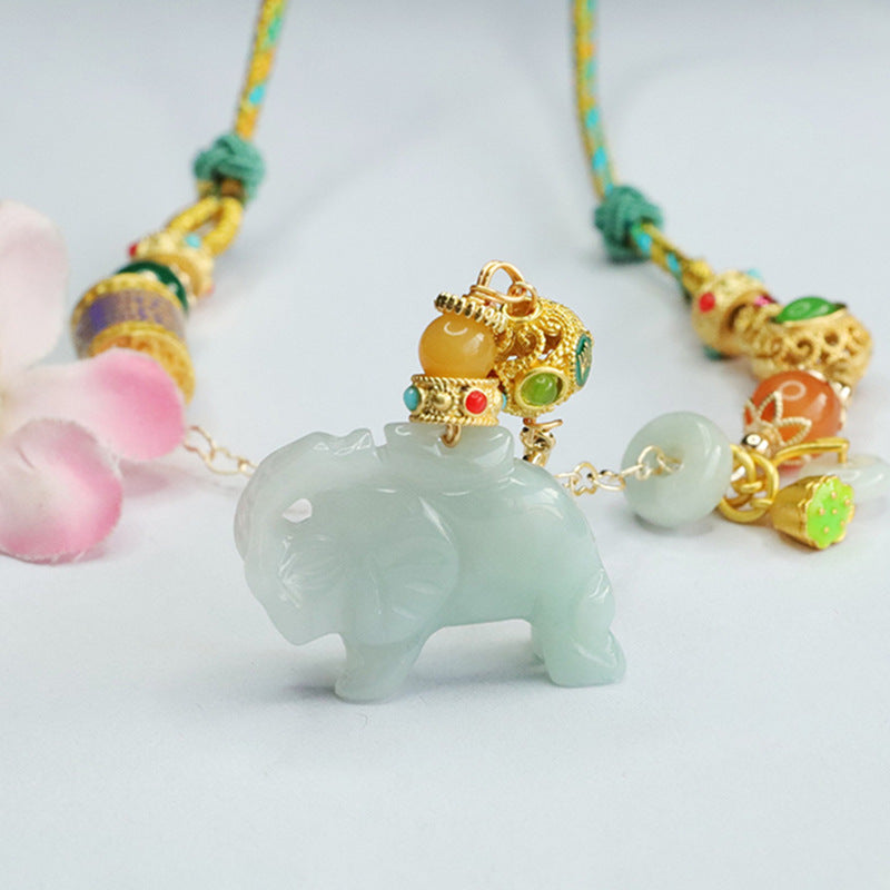 Jade Elephant Blessing Necklace with Sterling Silver Chain