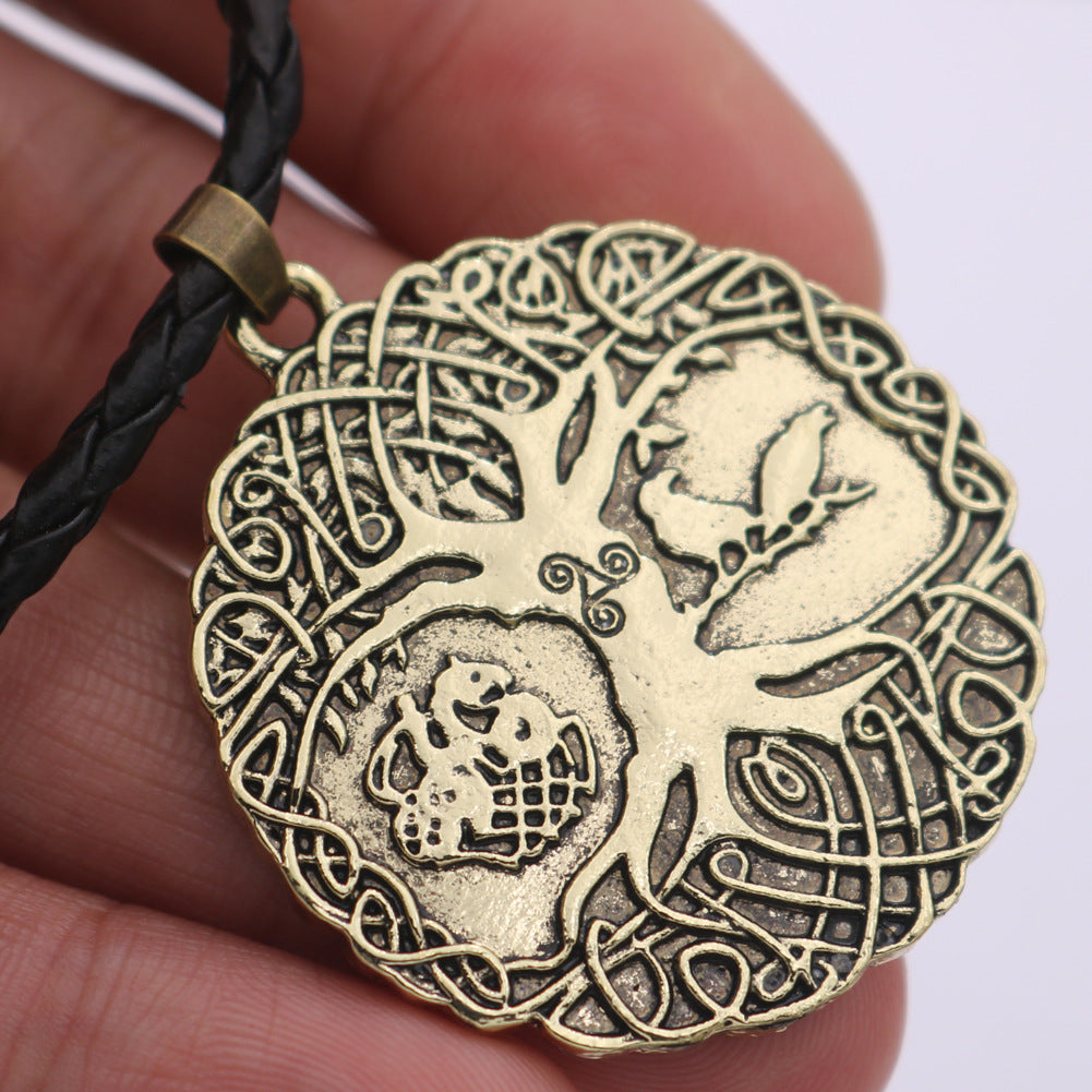 Cross Continental Viking Odin Talisman Necklace with Tree of Life Crow Design for Men, Fashionable Accessory in Europe and America