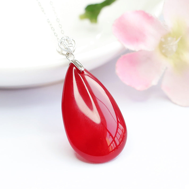 S925 Sterling Silver Natural Red Agate Droplet Pendant Necklace