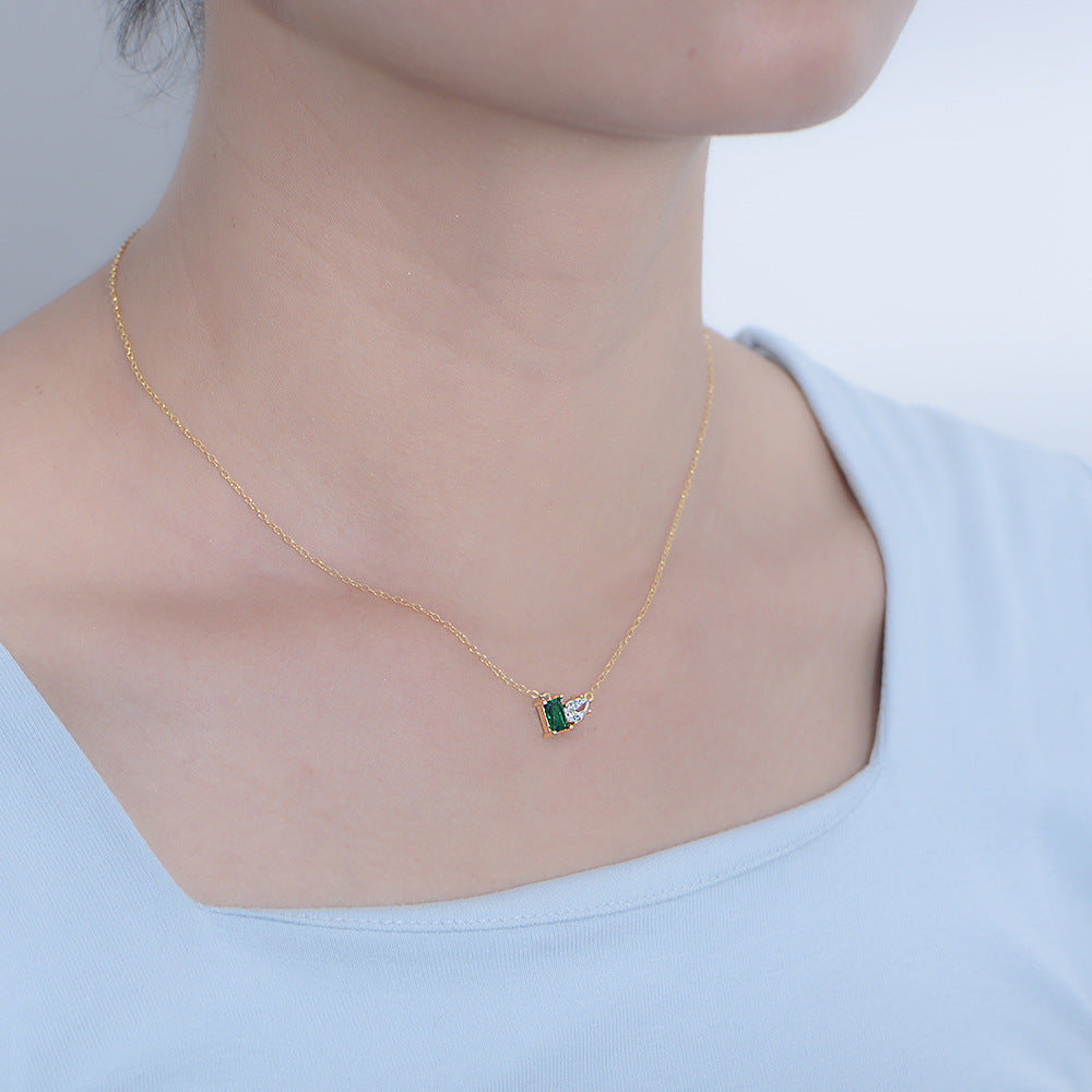 Green Rectangular Zircon and Water Drop Zircon Silver Necklace