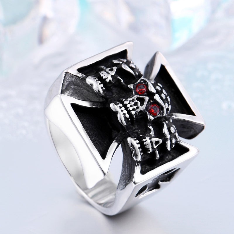 Edgy Vintage Titanium Steel Skull Ring for Men with Sparkling Zircon Accents