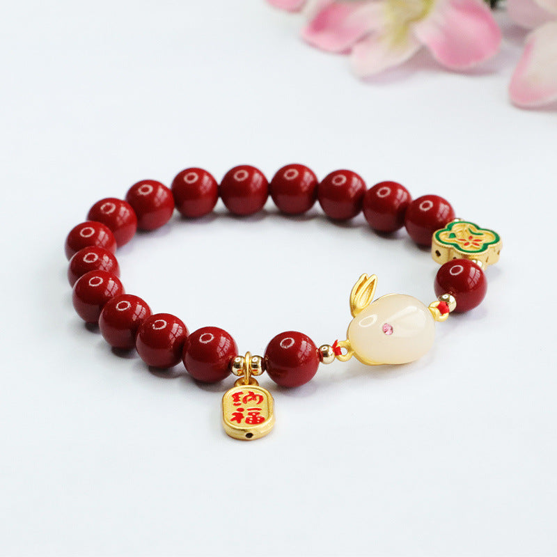 Rabbit Jade and Cinnabar Sterling Silver Bracelet