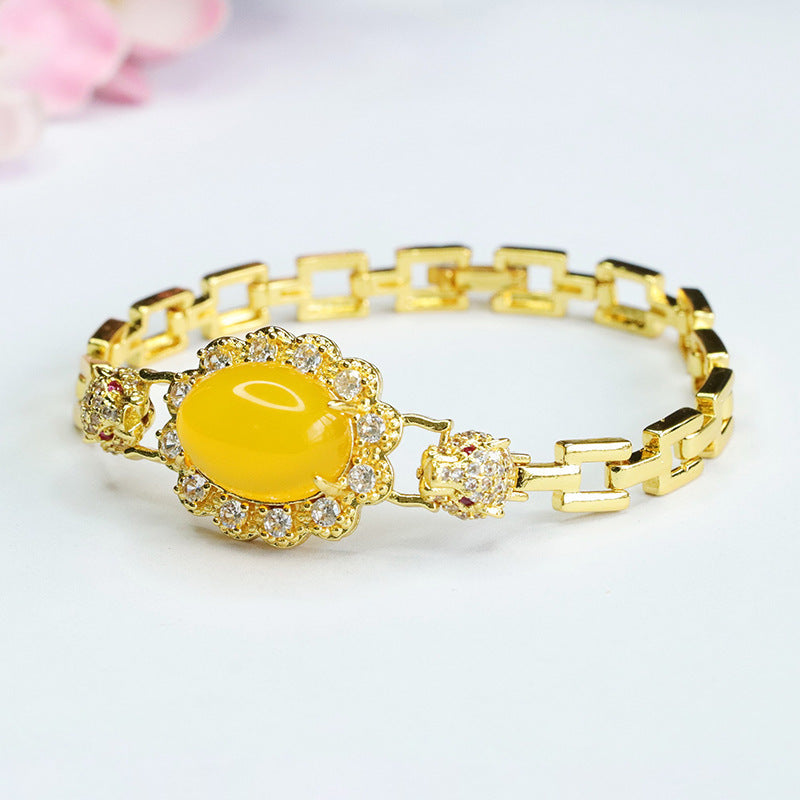 Leopard Head Yellow Chalcedony Bracelet in Sterling Silver