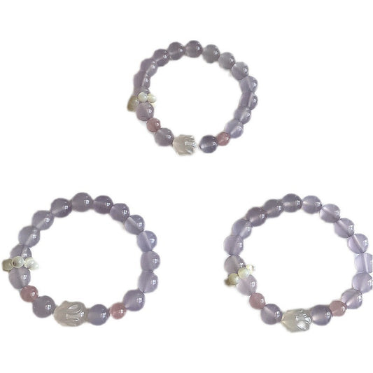 Charming Hand Bracelets with Purple Chalcedony, Lychee Agate, and Strawberry Crystal