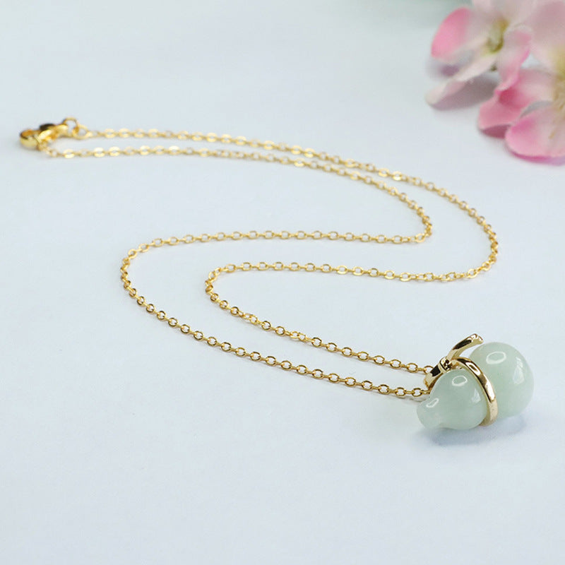 Fortune's Favor Sterling Silver Necklace with Natural Burmese A Jade Gourd and Zircon Bow Pendant