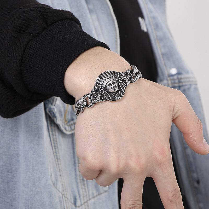 Custom Vintage Titanium Steel Men's Bracelet with Dominant Chief Design - European and American Style