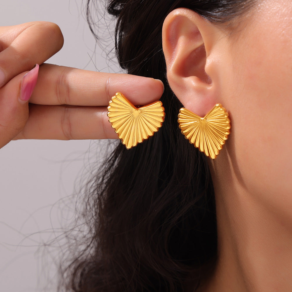 Golden Heart Geometric Fan Earrings with Zircon Accents