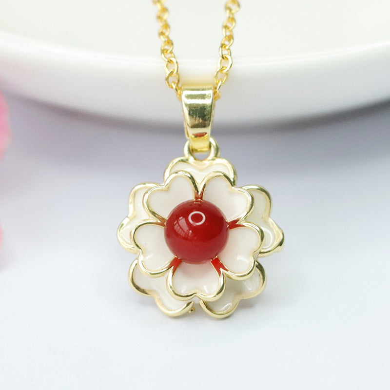 Blood Red Agate Camellia Pendant Necklace