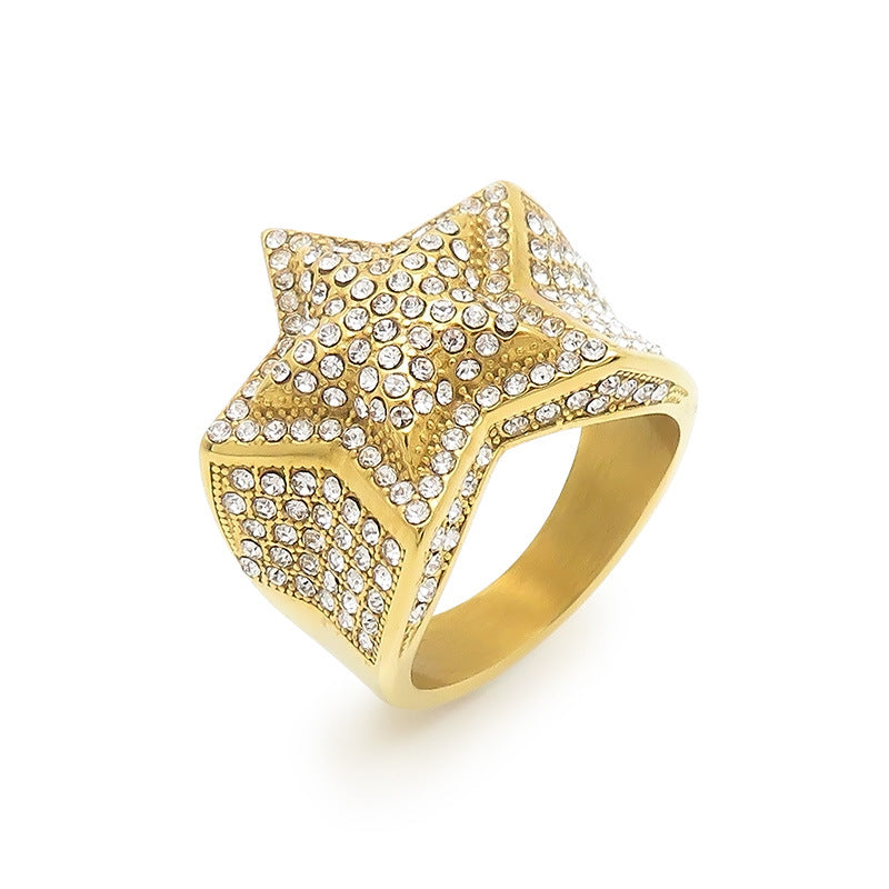 Luxury Gold-Plated Micro Zircon Men's Pentagram Ring - Hip Hop Style Stainless Steel Design