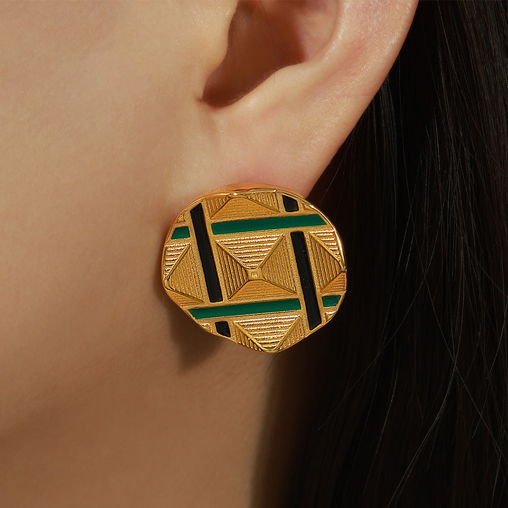 Wholesale Gold-Plated Titanium Steel Enamel Earrings with Geometric Design