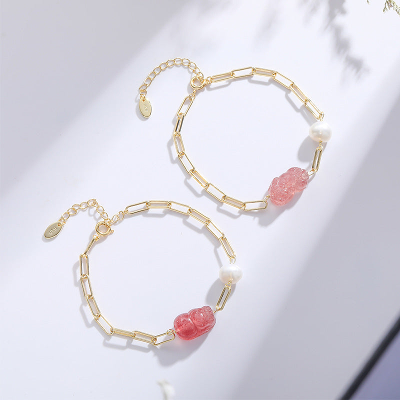 Crystal Pixiu Bracelet with Natural Strawberry and Pearl for Prosperity and Love