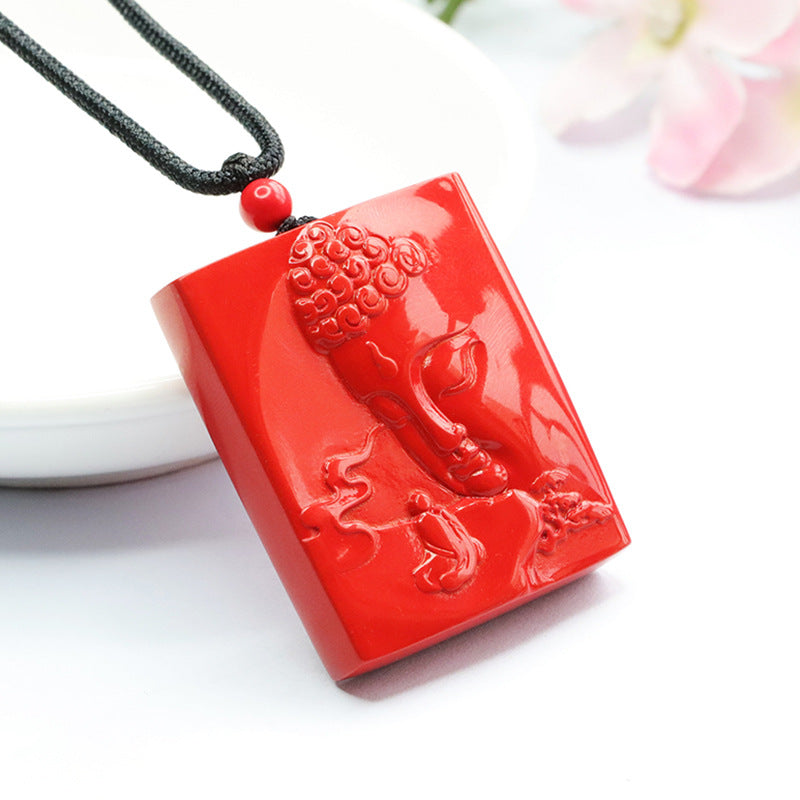 Cinnabar Lotus and Buddha Sterling Silver Pendant with Double Carvings