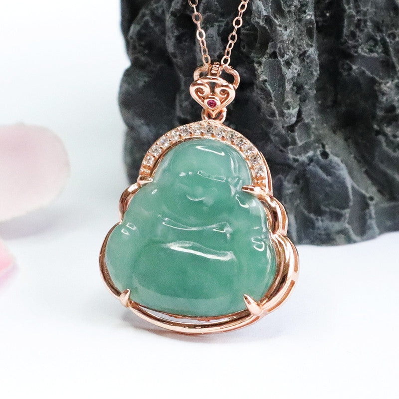 Ice Blue Green Buddha Fortune Necklace with Zircon and Jade in S925 Silver