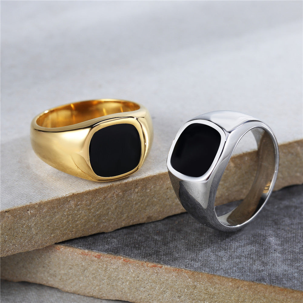 Stylish Black Titanium Ring for Men and Women with Cold Wind Square Design