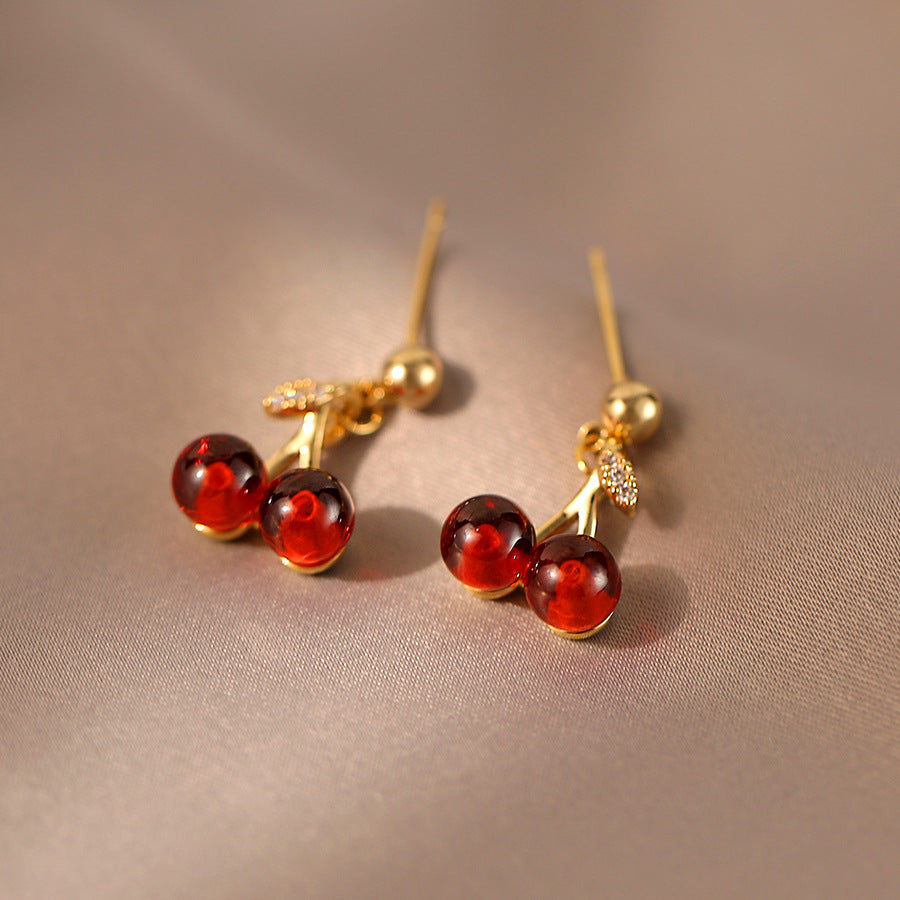 Cherry Zircon Earrings with Sterling Silver Needle, Niche Design