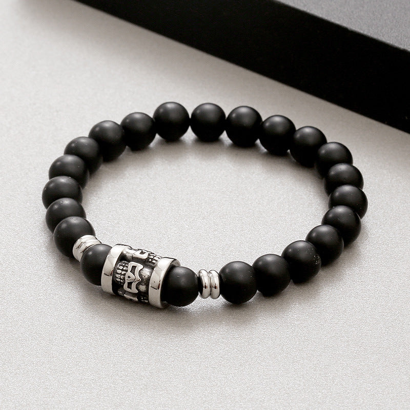 Men's Retro Tiger's Eye Agate Bead Bracelet with Titanium Steel Skull Accents